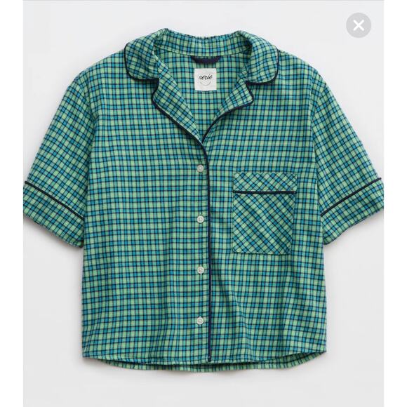 Aerie Green Plaid Flannel Pajama Shirt Top Cropped Relaxed Fit - Size Medium - Picture 2 of 10